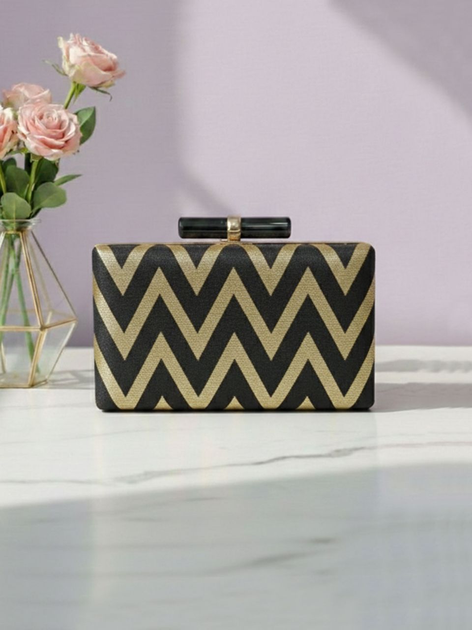 Black Striped Ethnic Brocade Clutch Bag | Traditional Wedding & Festive Handbag