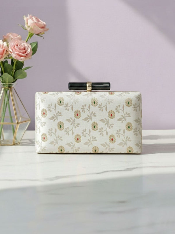 White dotted Ethnic Brocade Clutch Bag | Traditional Wedding & Festive Handbag