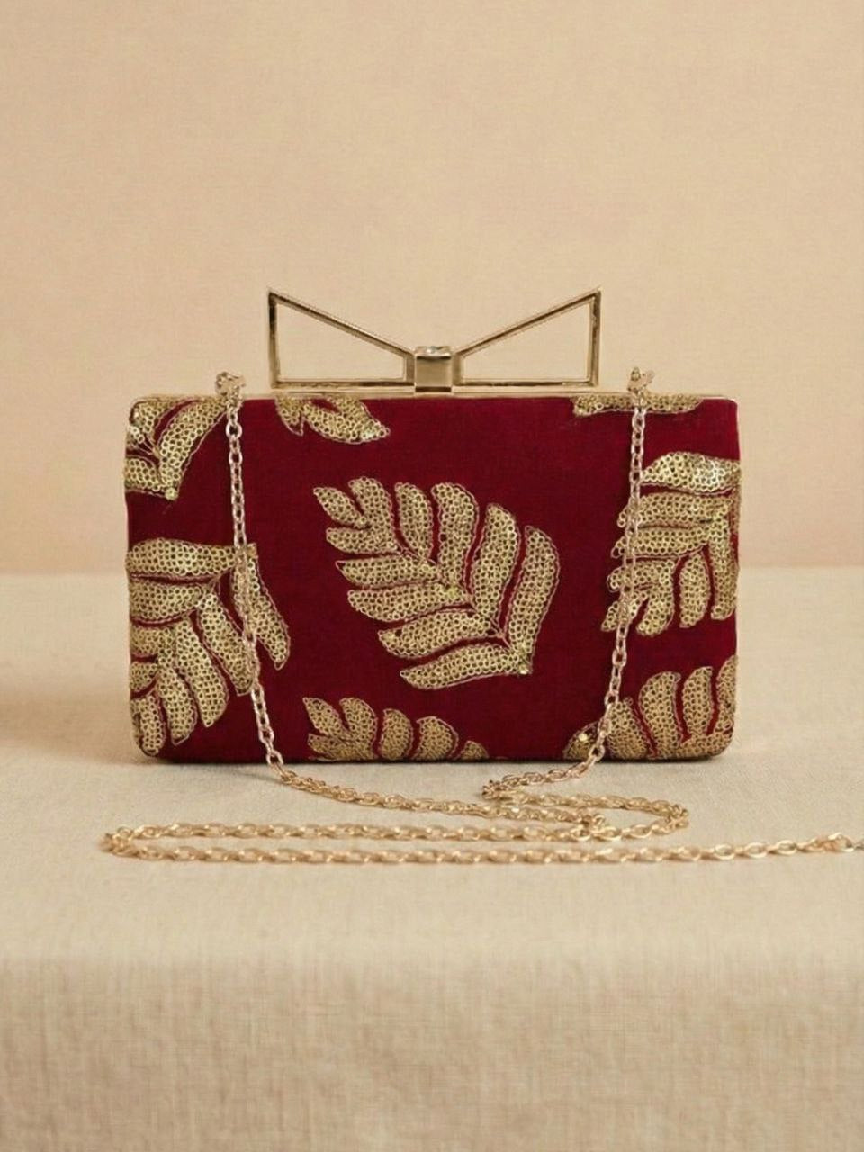 Red Embroidered Leaf Clutch Bag | Festive Statement Party Handbag