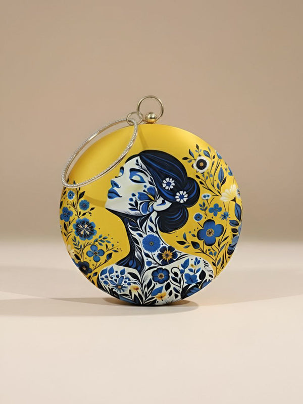 Yellow Floral Art Round Clutch Bag with Metal Handle | Statement Designer Handbag