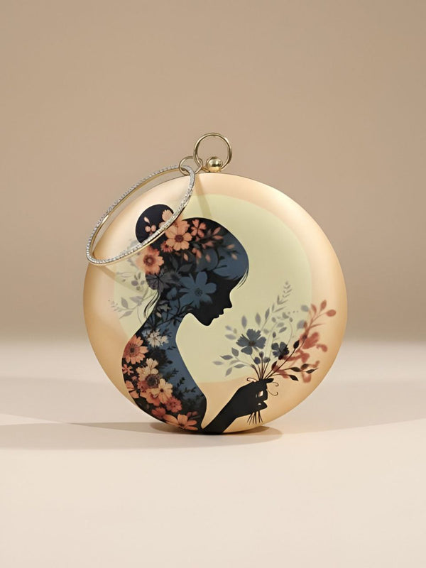 Beige Floral Silhouette Round Clutch with Metal Handle | Elegant Statement Handbag