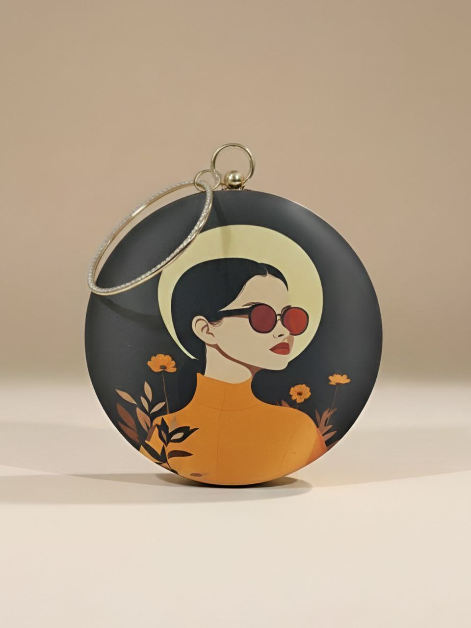 Black Round Statement Clutch with Sunglasses Girl Art | Modern Designer Handbag