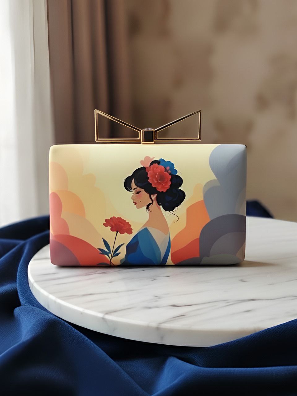 Pastel Art Woman Clutch with Floral Detail | Elegant Statement Evening Handbag