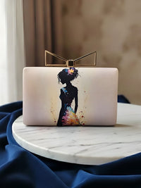 Pastel Art Woman Clutch with Floral Detail | Elegant Statement Evening Handbag