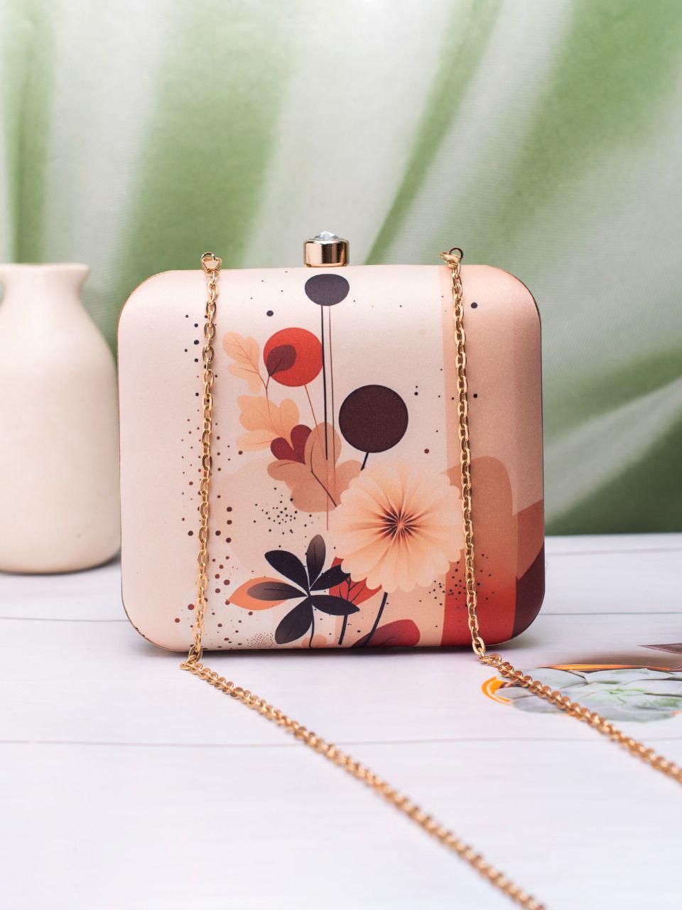 Printed Floral Statement Clutch with Chain Strap | Elegant Evening Handbag
