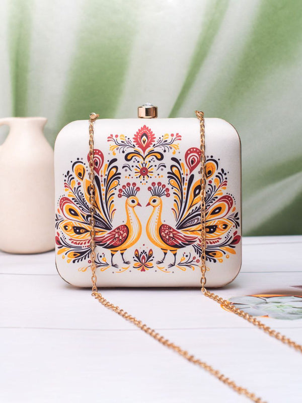 Printed Floral Statement Clutch with Chain Strap | Elegant Evening Handbag