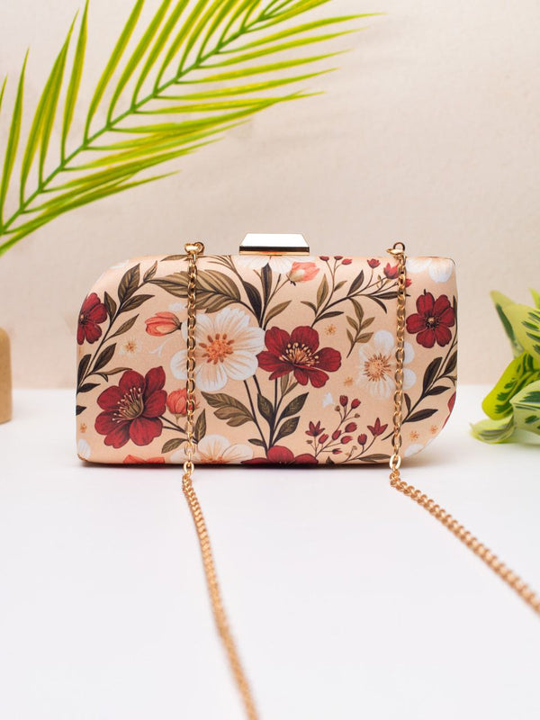 Beige Floral Print Clutch with Chain Strap | Elegant Statement Evening Handbag