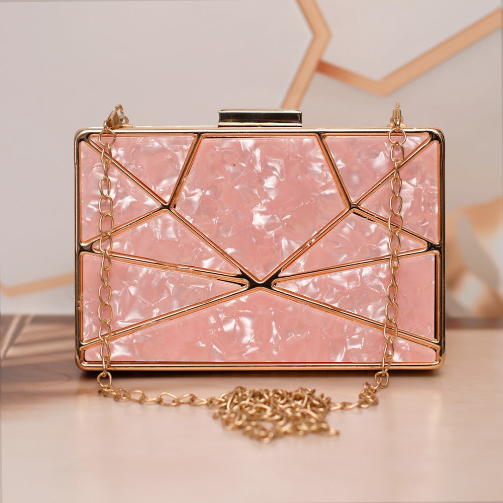 Blush Pink Geometric Clutch | Luxury Acrylic Evening Bag with Chain