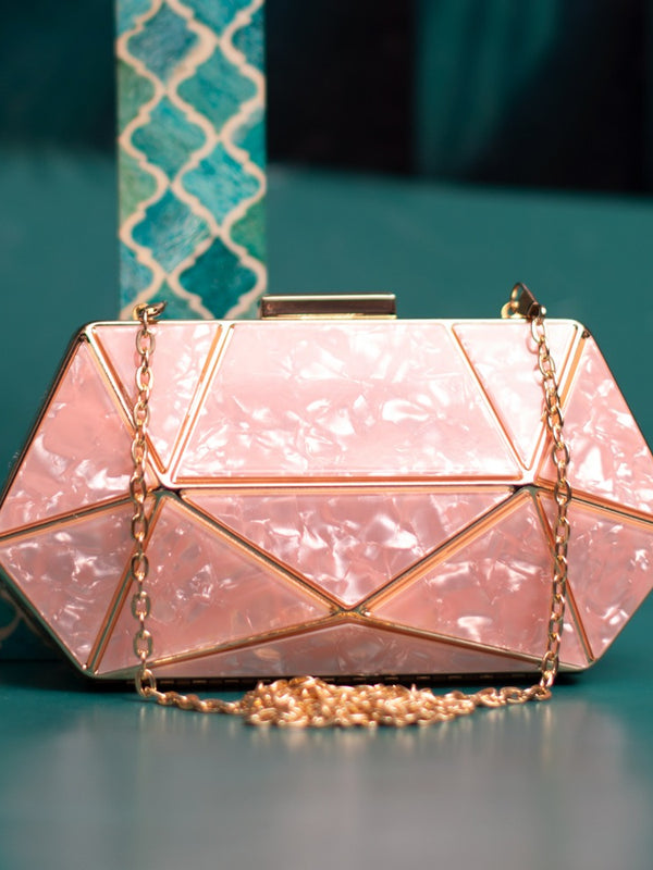 Blush Pink Geometric Acrylic Clutch Bag with Chain | Modern Evening Party Purse