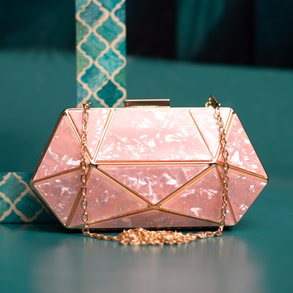 Blush Pink Geometric Acrylic Clutch Bag with Chain | Modern Evening Party Purse