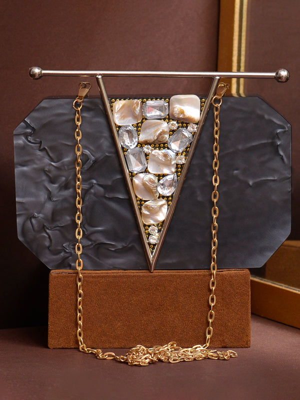 Black Statement Clutch Bag with Crystal & Pearl Detail | Luxury Evening Party Purse