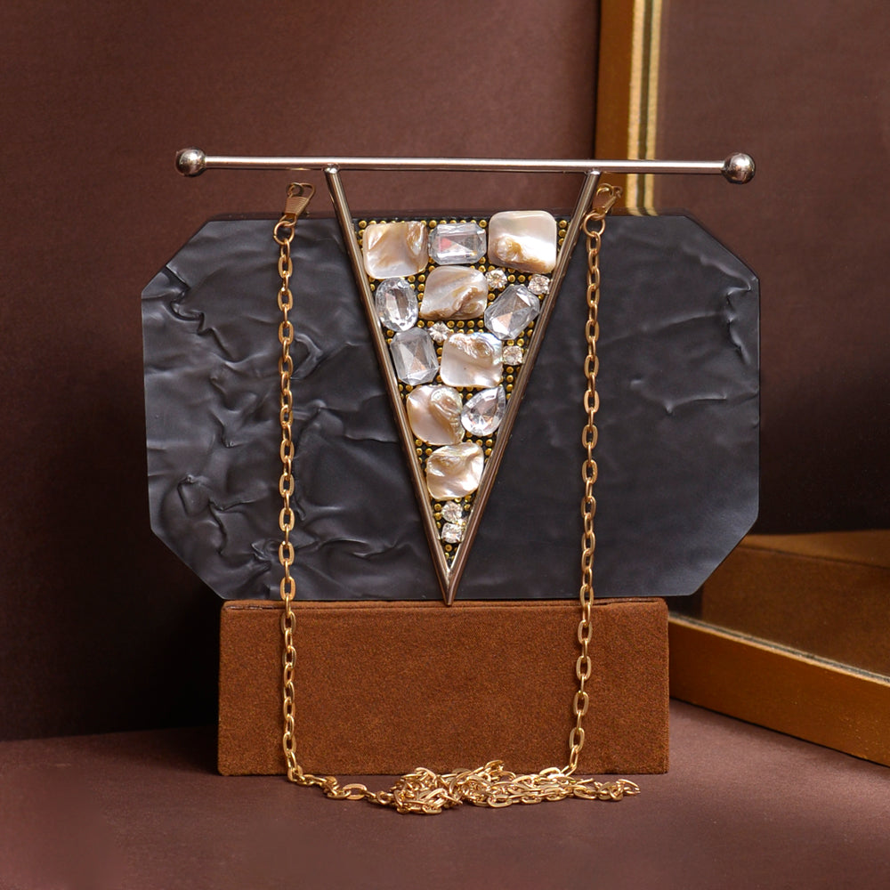 Black Statement Clutch Bag with Crystal & Pearl Detail | Luxury Evening Party Purse