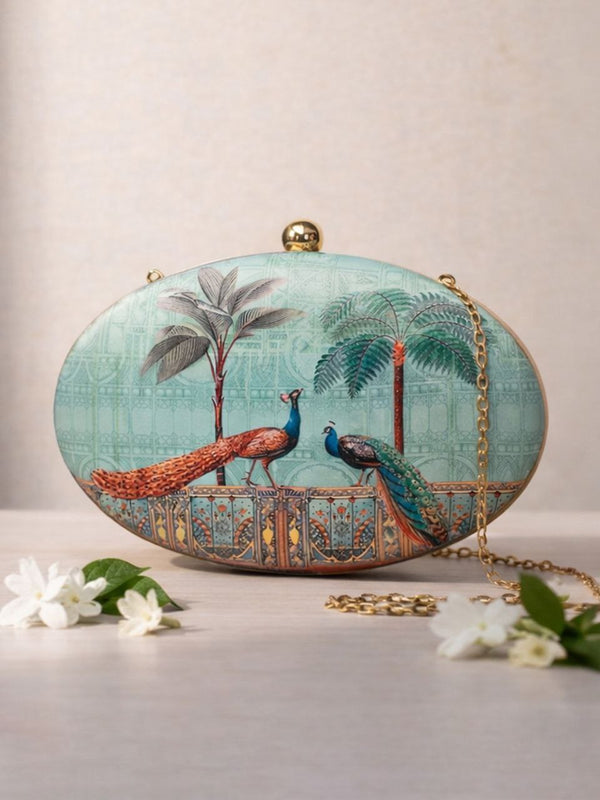 Peacock Art Clutch Bag with Chain | Vintage Inspired Statement Evening Purse