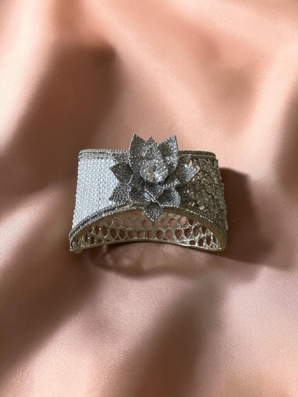 Diamond-Look Floral Statement Cuff Bracelet | Luxury Crystal Silver Tone Open Bangle