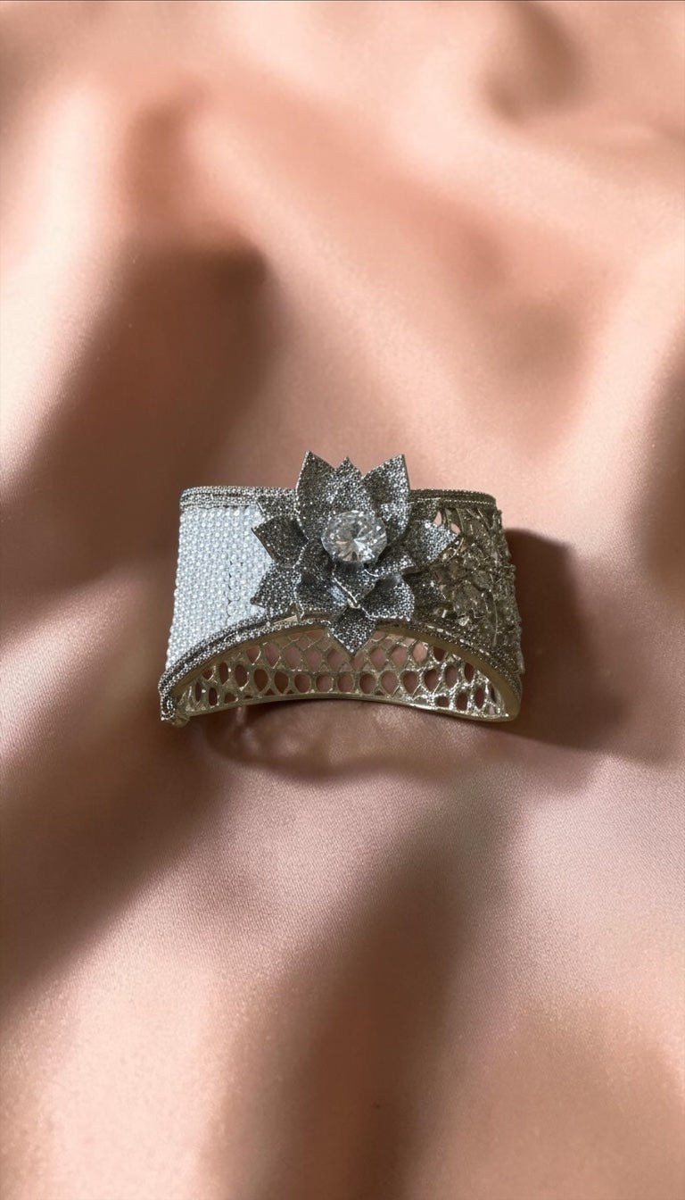 Diamond-Look Floral Statement Cuff Bracelet | Luxury Crystal Silver Tone Open Bangle