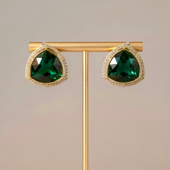 Emerald Green Crystal Stud Earrings with Gold Finish | Elegant Statement Jewelry
