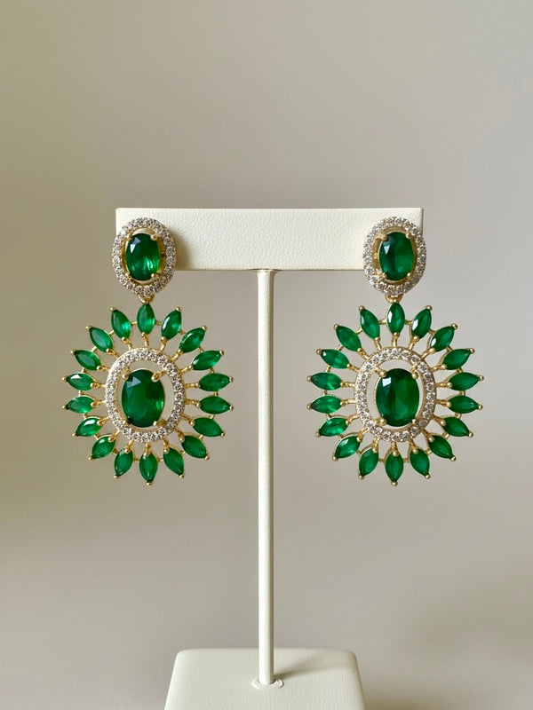Emerald Green Halo Drop Earrings | Sunburst Statement Crystal Earrings