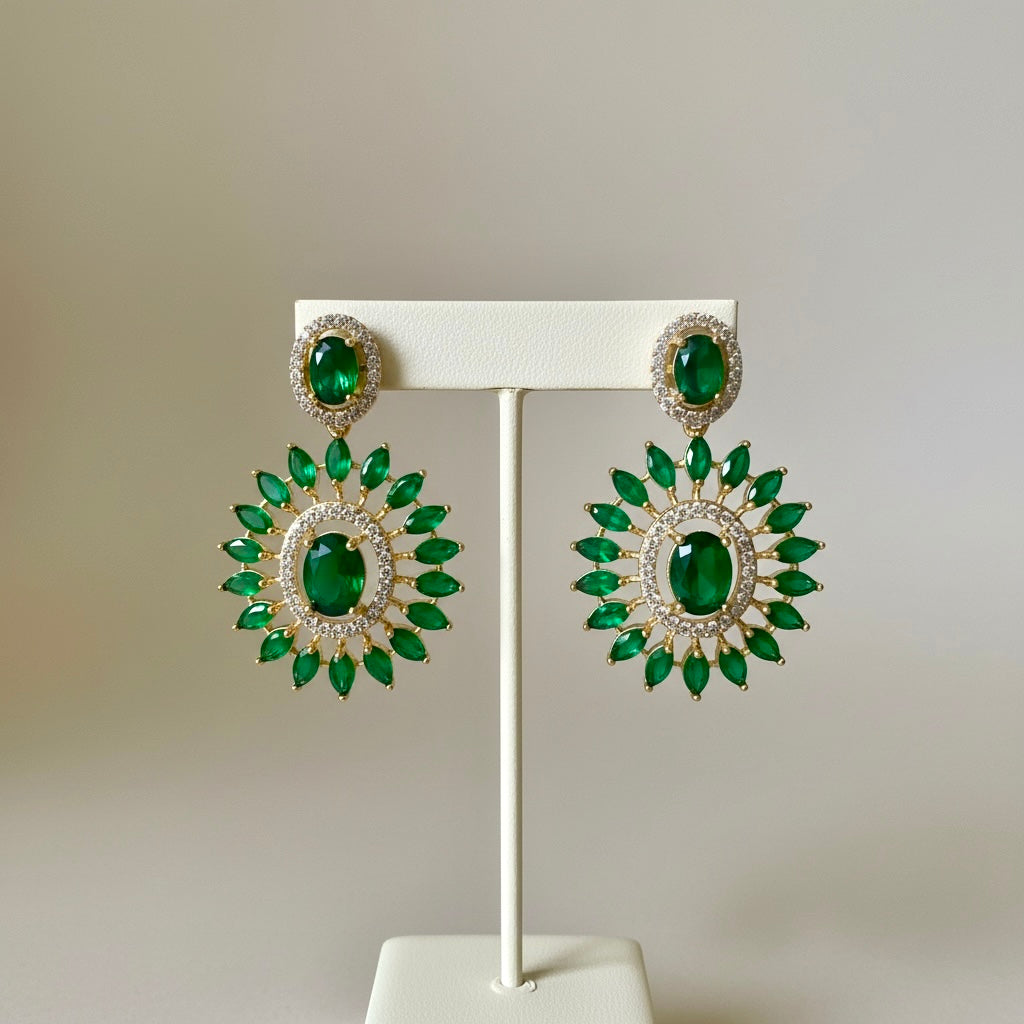 Emerald Green Halo Drop Earrings | Sunburst Statement Crystal Earrings