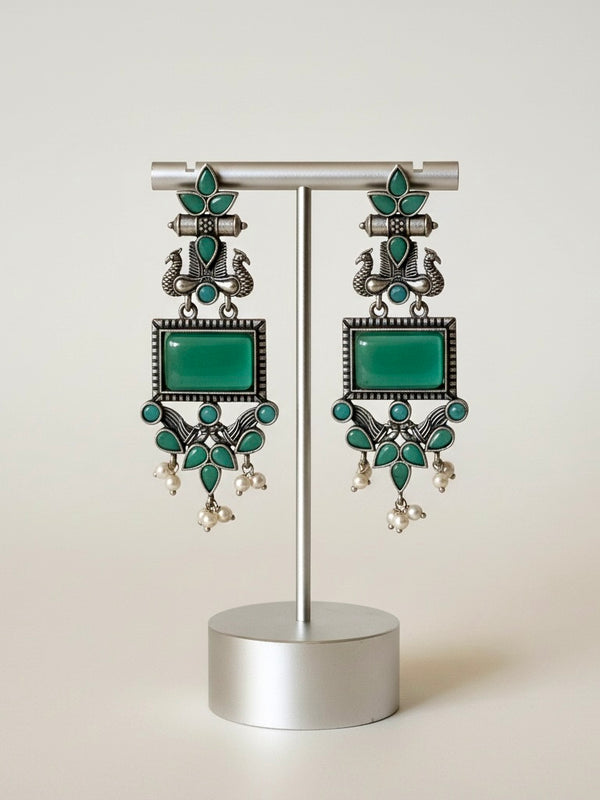 Emerald Green Peacock Statement Earrings with Pearl Drops | Traditional Silver-Tone Jewelry