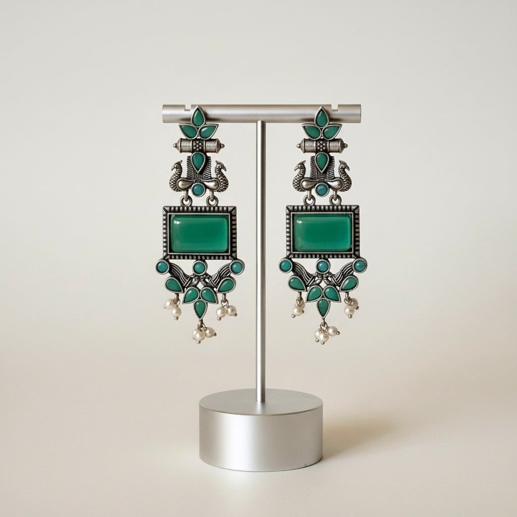 Emerald Green Peacock Statement Earrings with Pearl Drops | Traditional Silver-Tone Jewelry