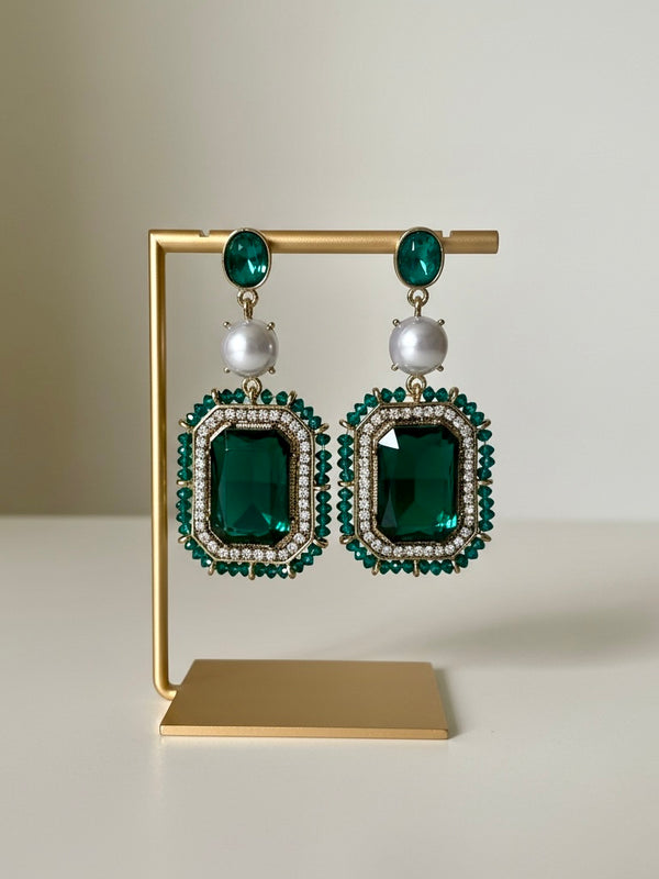 Emerald Green Statement Drop Earrings with Pearl Accent | Elegant Gold-Tone Jewelry