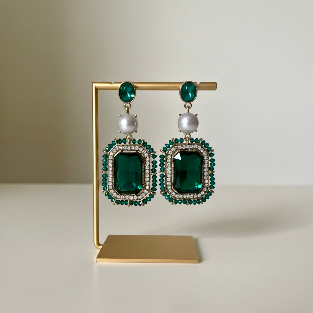 Emerald Green Statement Drop Earrings with Pearl Accent | Elegant Gold-Tone Jewelry