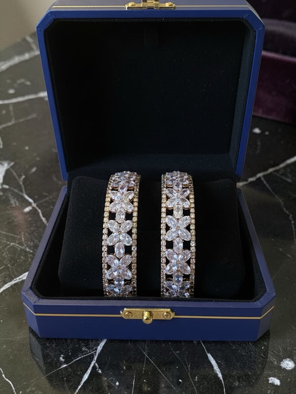 Floral Crystal Statement Bangle Set | Luxury Bridal Diamond-Look Kada (Set of 2)