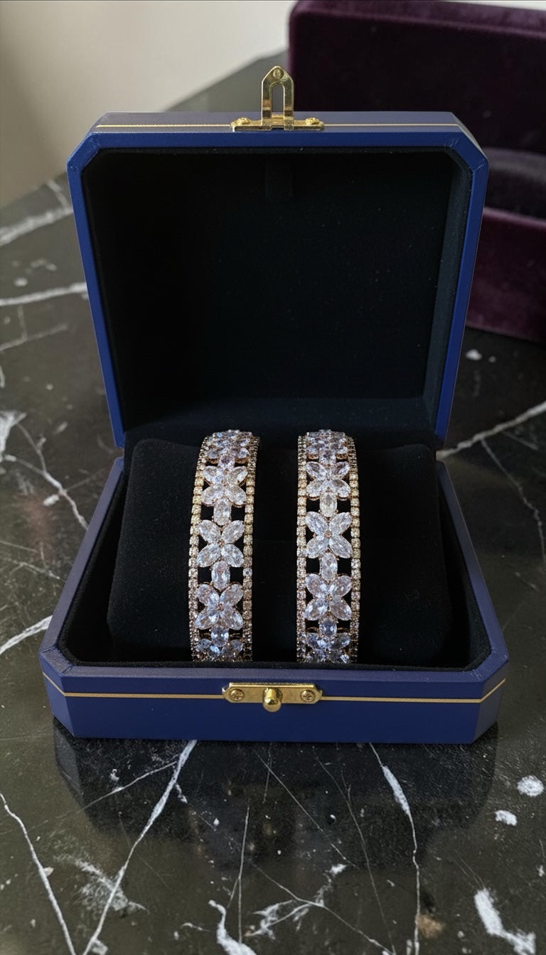 Floral Crystal Statement Bangle Set | Luxury Bridal Diamond-Look Kada (Set of 2)