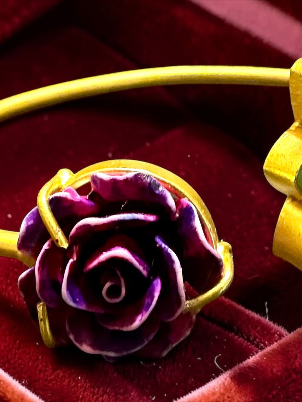 Floral Open Cuff Bracelet with Rose Motif & Stone Detailing