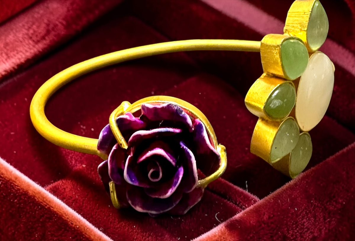 Floral Open Cuff Bracelet with Rose Motif & Stone Detailing