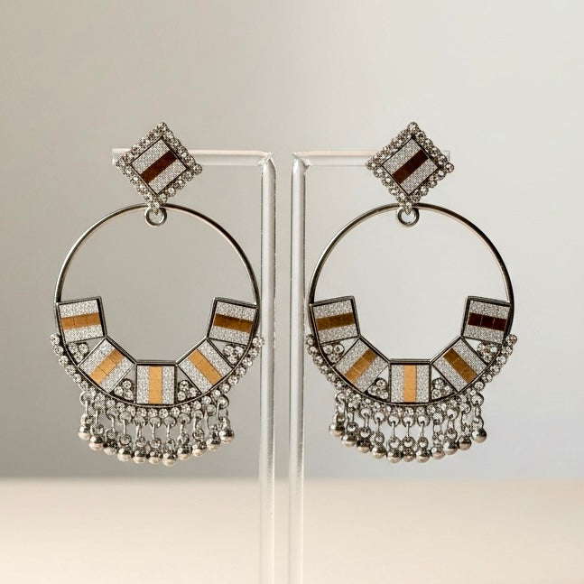 Geometric Hoop Statement Earrings with Crystal & Dual Tone Detailing