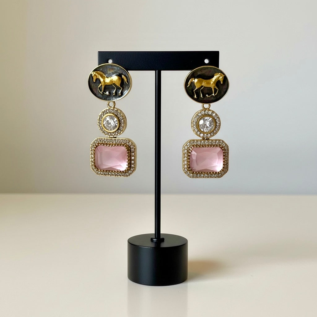 Gold Horse Motif Statement Drop Earrings with Pink Stone | Luxury Vintage Jewelry