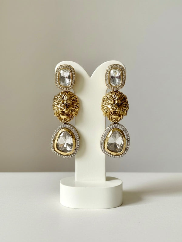 Gold Lion Head Drop Earrings with Crystal Stones | Luxury Statement Jewelry
