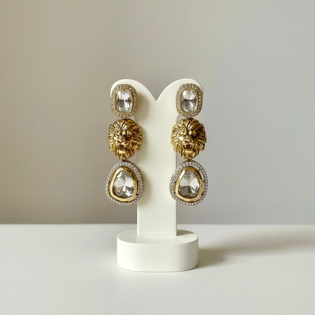 Gold Lion Head Drop Earrings with Crystal Stones | Luxury Statement Jewelry