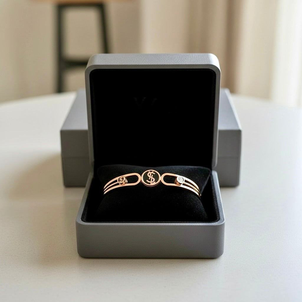 Gold Minimalist Designer-Inspired Cuff Bracelet with Crystal Accents | Luxury Statement Open Bangle