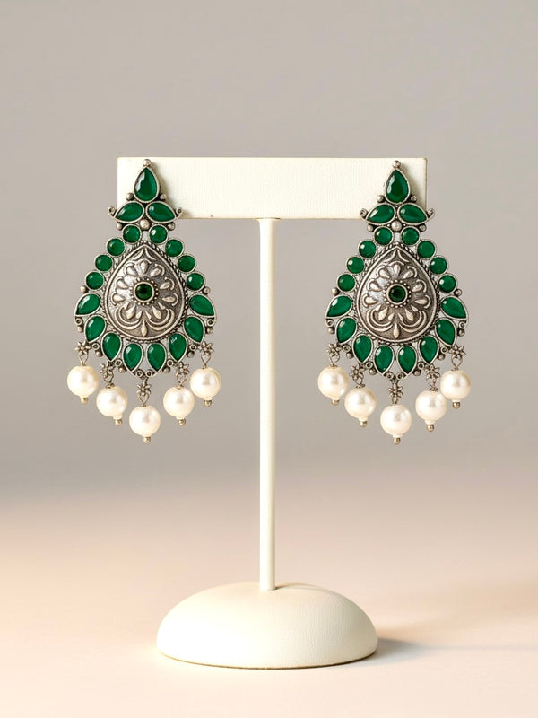 Green Statement Earrings with Pearl Drops | Ethnic Boho Jewelry
