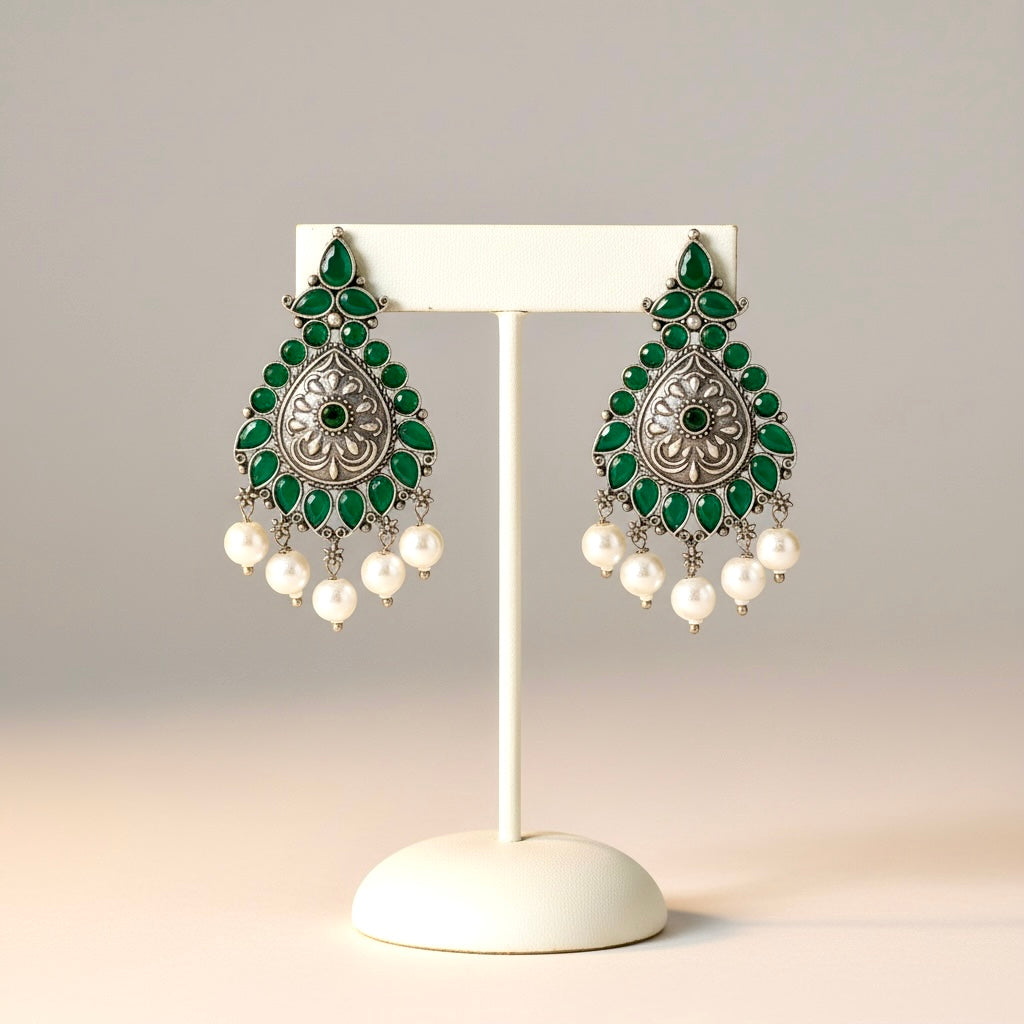 Green Statement Earrings with Pearl Drops | Ethnic Boho Jewelry