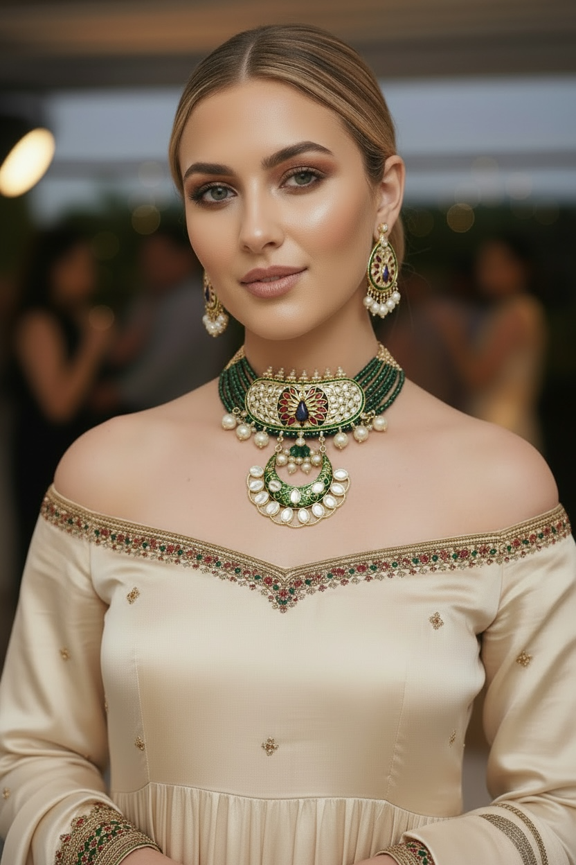 Green Peacock Meenakari Pearl Necklace Set | Elegant Pastel Statement Jewelry with Earrings