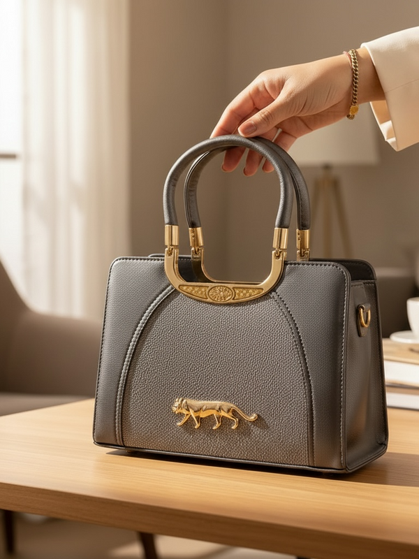 Grey Structured Handbag with Gold Panther Accent & Statement Handle