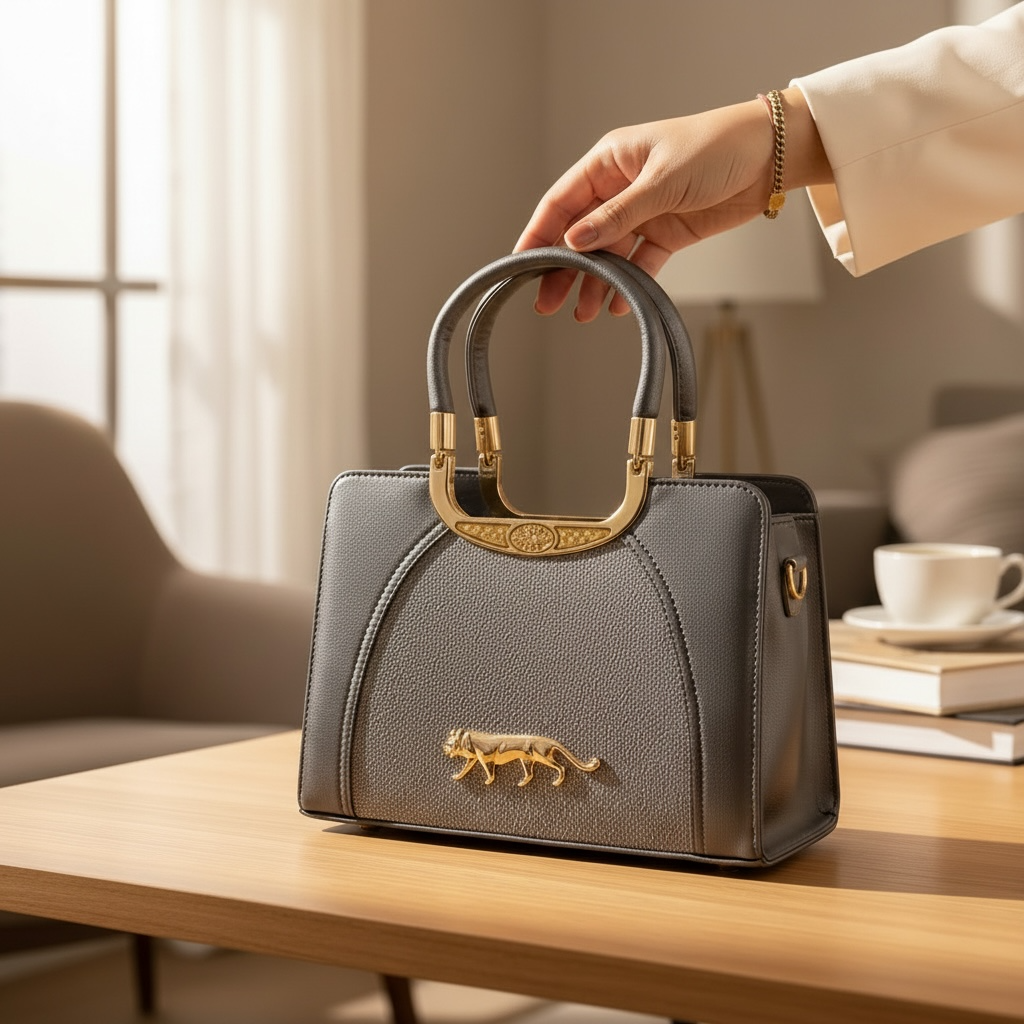 Grey Structured Handbag with Gold Panther Accent & Statement Handle