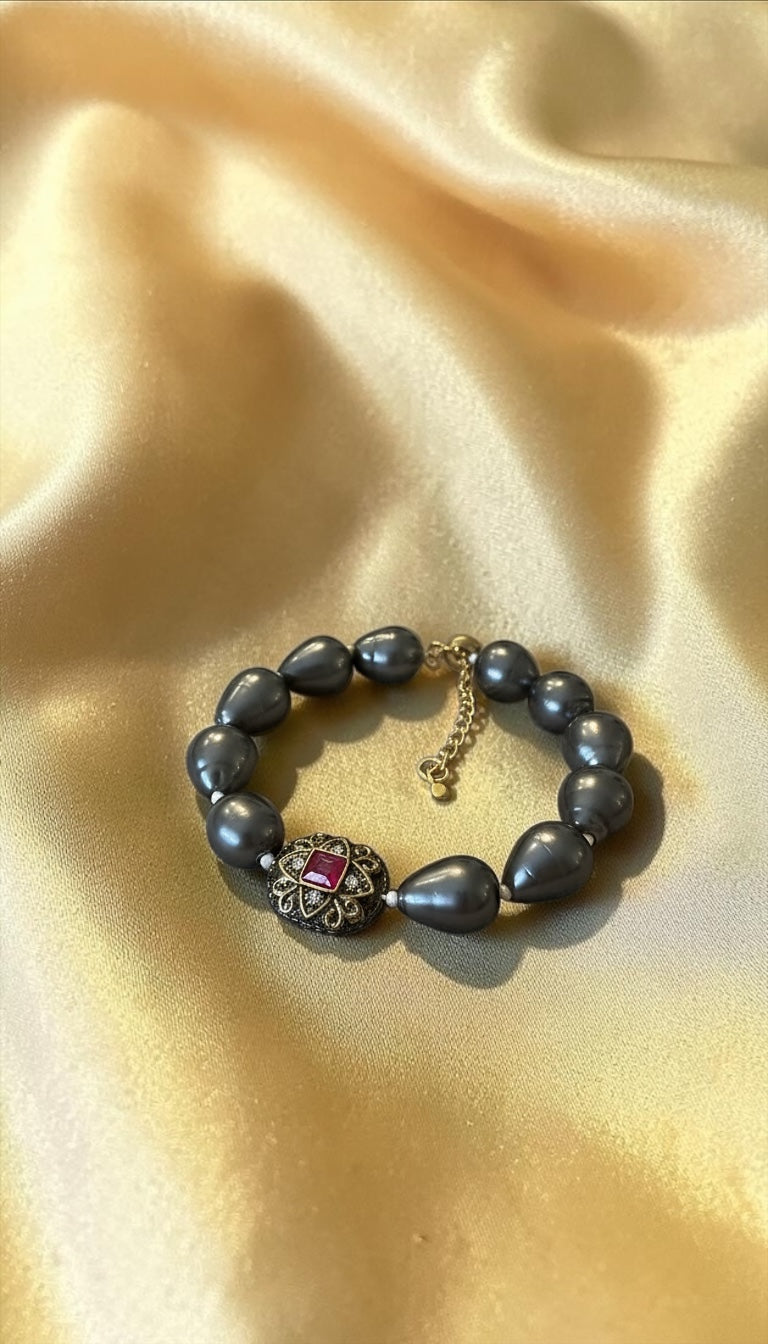 Grey Pearl Beaded Bracelet with Vintage Crystal Charm | Elegant Statement Jewelry