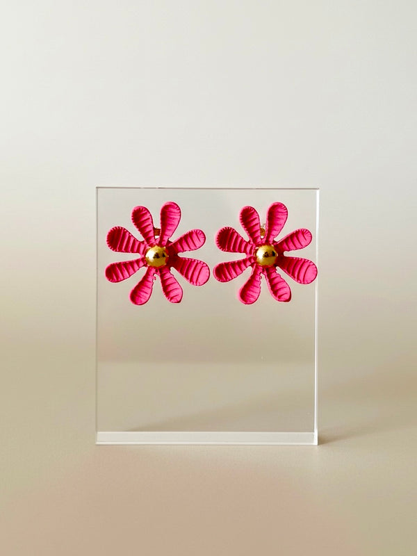 Hot Pink Floral Statement Stud Earrings with Gold Center | Bold Summer Jewelry