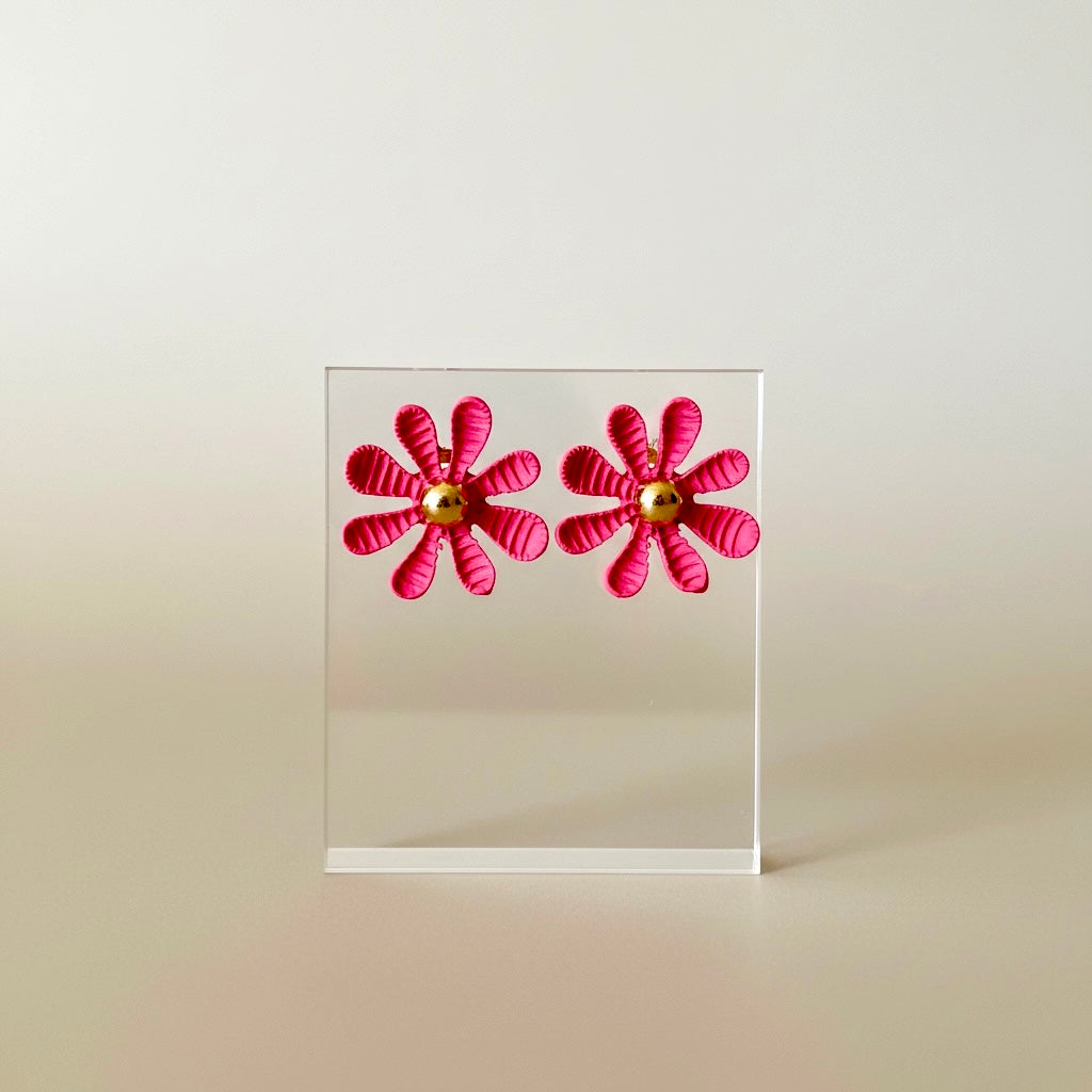 Hot Pink Floral Statement Stud Earrings with Gold Center | Bold Summer Jewelry