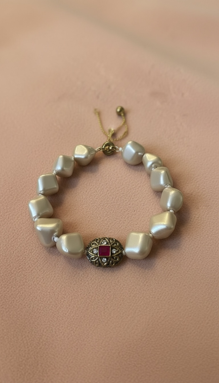 Ivory Pearl Beaded Bracelet with Vintage Stone Charm | Elegant Adjustable Jewelry