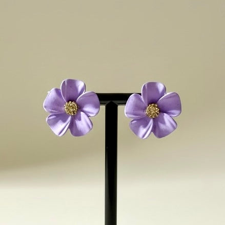 Lavender Floral Stud Earrings with Gold Center | Soft Feminine Statement Jewelry