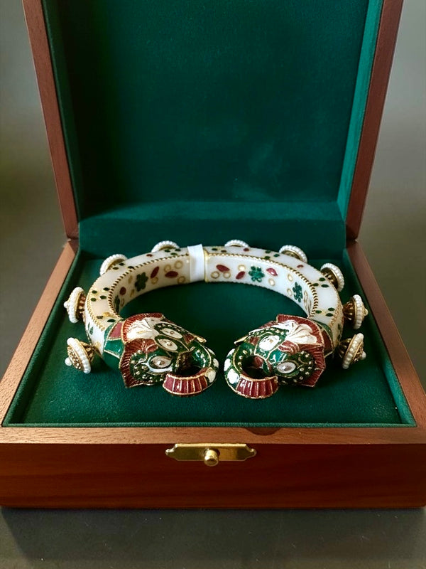 Meenakari Elephant Cuff Bracelet | Handcrafted Enamel Statement Bangle with Pearl Accents