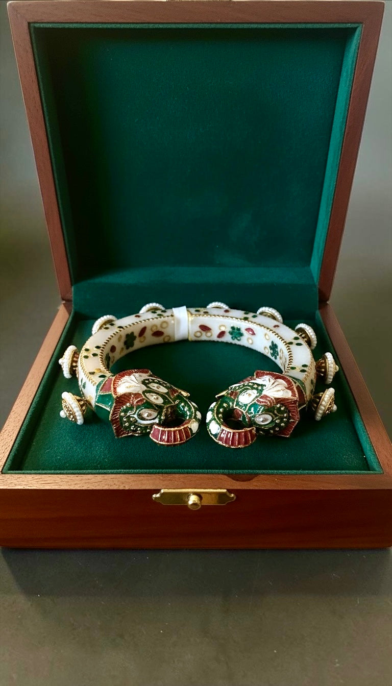 Meenakari Elephant Cuff Bracelet | Handcrafted Enamel Statement Bangle with Pearl Accents