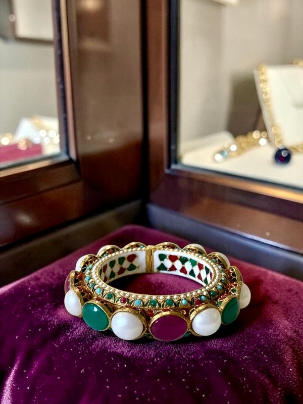 Meenakari Stone & Pearl Statement Kada | Multicolor Ethnic Hinged Bangle Bracelet