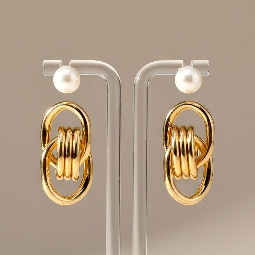 Minimalist Pearl Drop Earrings Set | Gold Tone Modern Statement Earrings | Chic Everyday & Elegant Jewelry Duo
