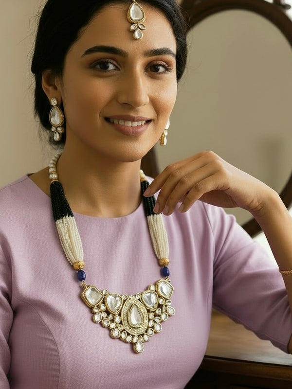 Rajasthani Kundan Long Necklace with Pearl Bead Strands